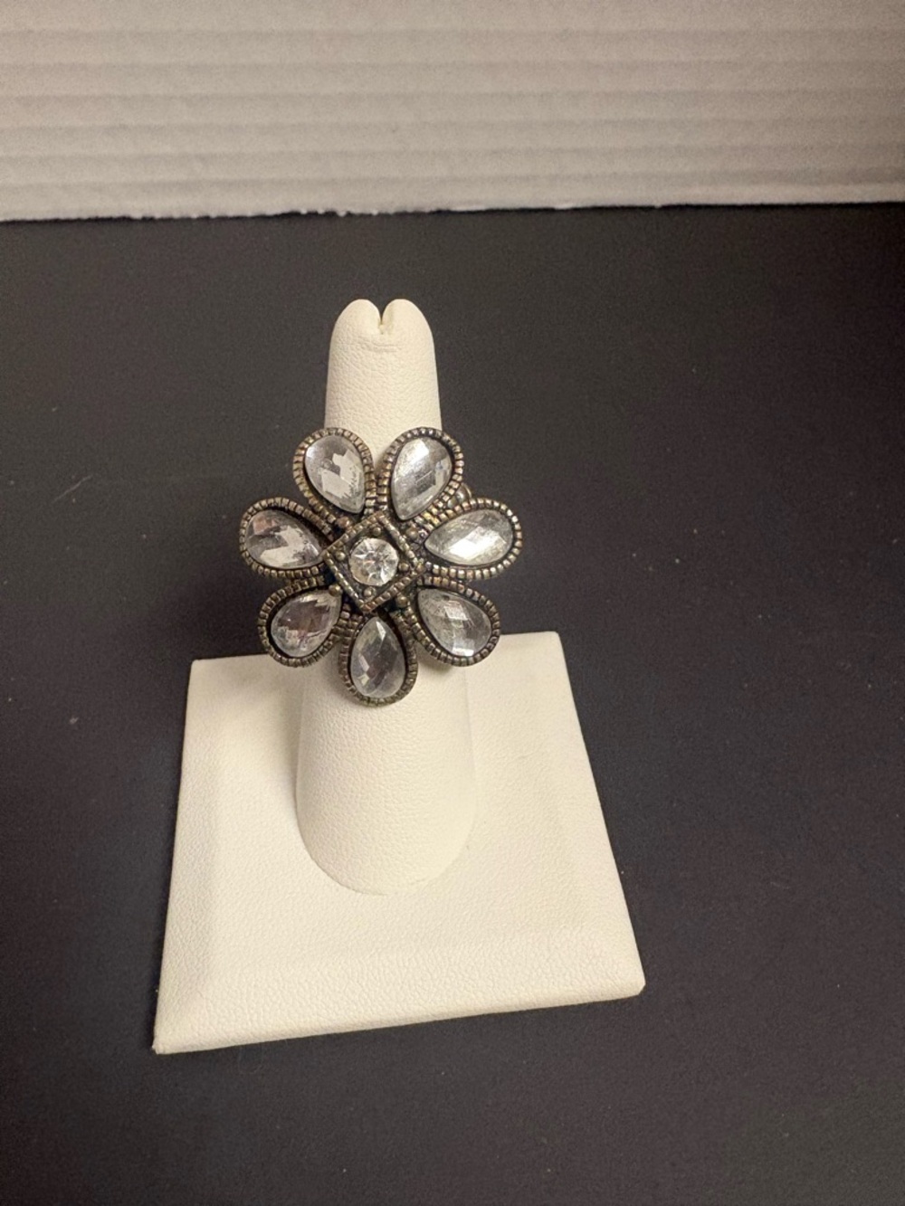Crystal Floral Cocktail Ring - Silver Tone Fashion Ring